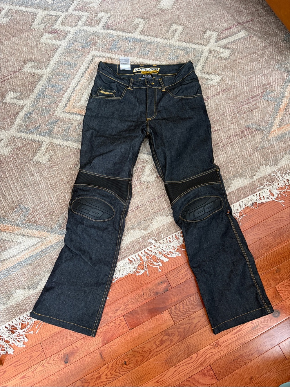 NWOT ICON Men's Black Dark Wash Bootcut Motorcycle Jeans PADDED KNEES 34”